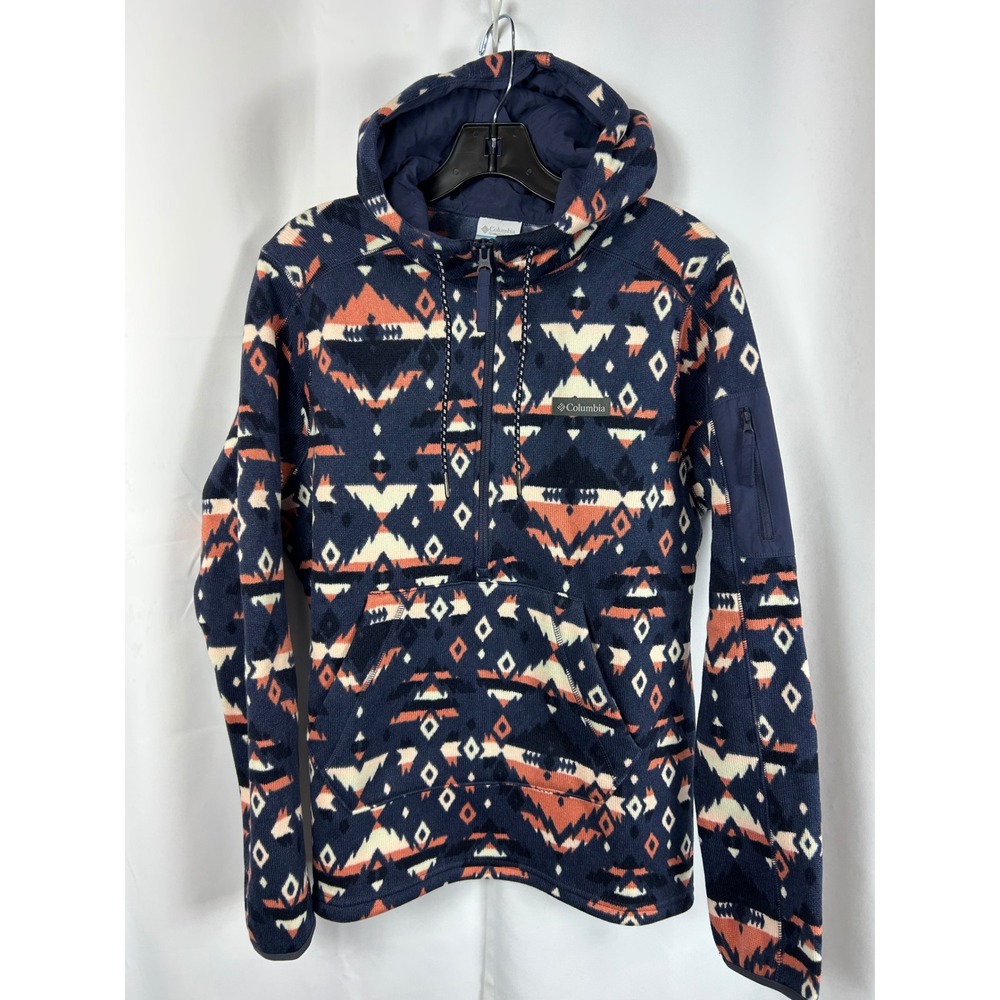 Columbia Southwestern Aztec Print Fleece Quarter Zip Hoodie‎ Navy Orange Large